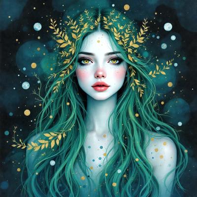 The primary subject of the image is a woman with long, green hair. She is wearing a crown of leaves and has a flower in her hair. The setting is a dark, blue background with a few gold dots scattered throughout the scene. The visual style is a digital art illustration, creating a surreal and dreamy atmosphere. The colors and mood are predominantly dark and moody, with the woman's green hair and the gold dots adding a touch of brightness to the overall scene.